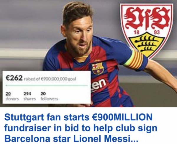 Hài hước: Fan Stuttgart quyên góp 900 triệu euro để mua Messi