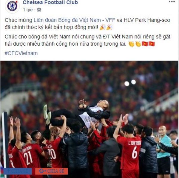 Chelsea gửi lời ch&uacute;c đặc biệt đến HLV Park v&agrave; b&oacute;ng đ&aacute; Việt Nam