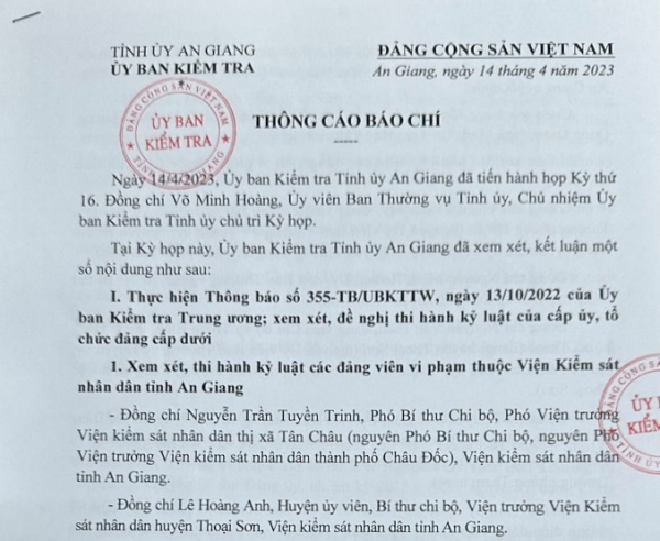 Hàng loạt cán bộ công an, viện kiểm sát ở An Giang bị kỷ luật