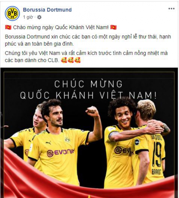 Dortmund, Totttenham gửi lời chúc ngày Quốc khánh 2/9